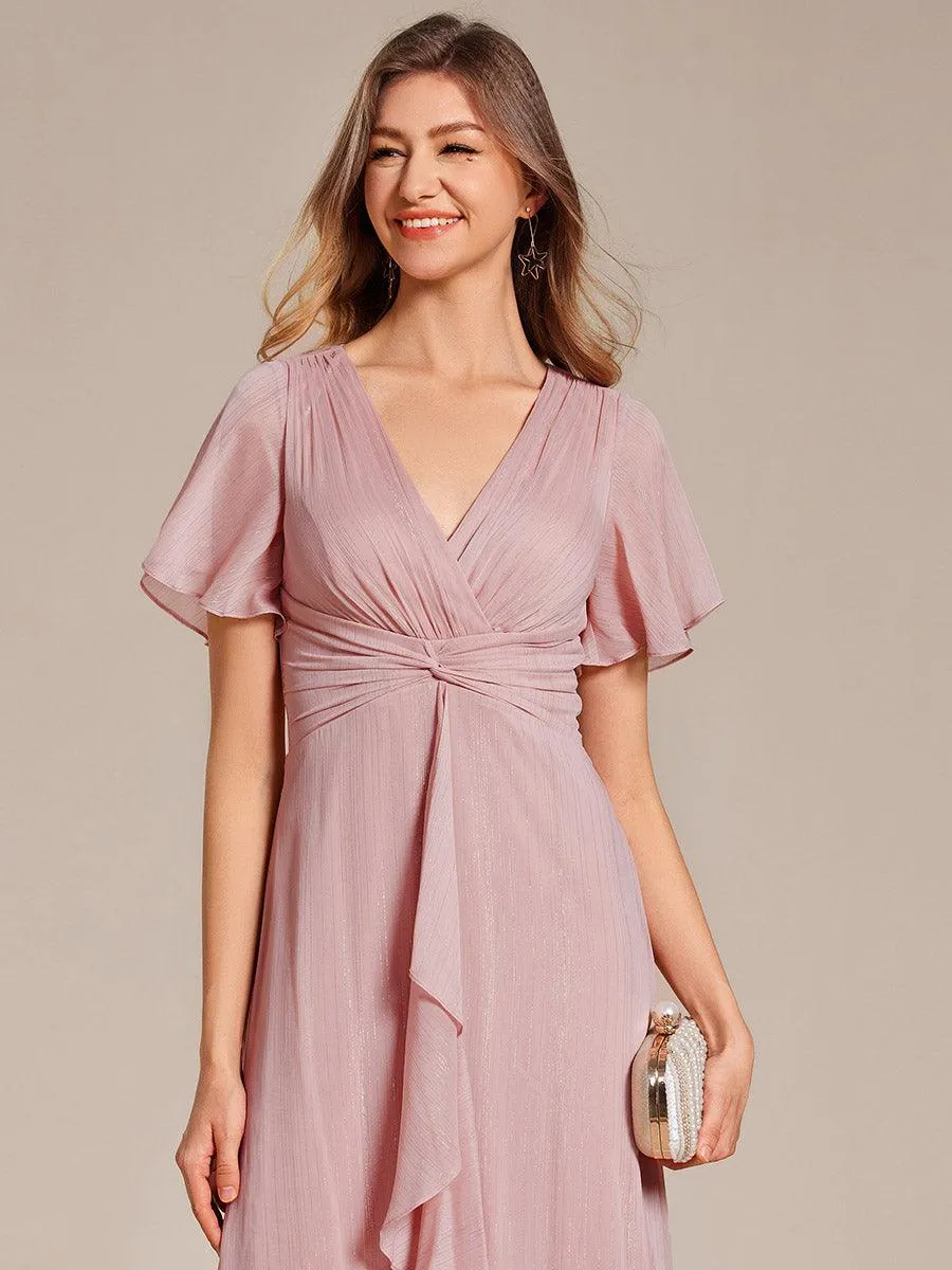 Robe d'invité de mariage mi-longue trapèze à manches courtes et paillettes avec ourlet à volants