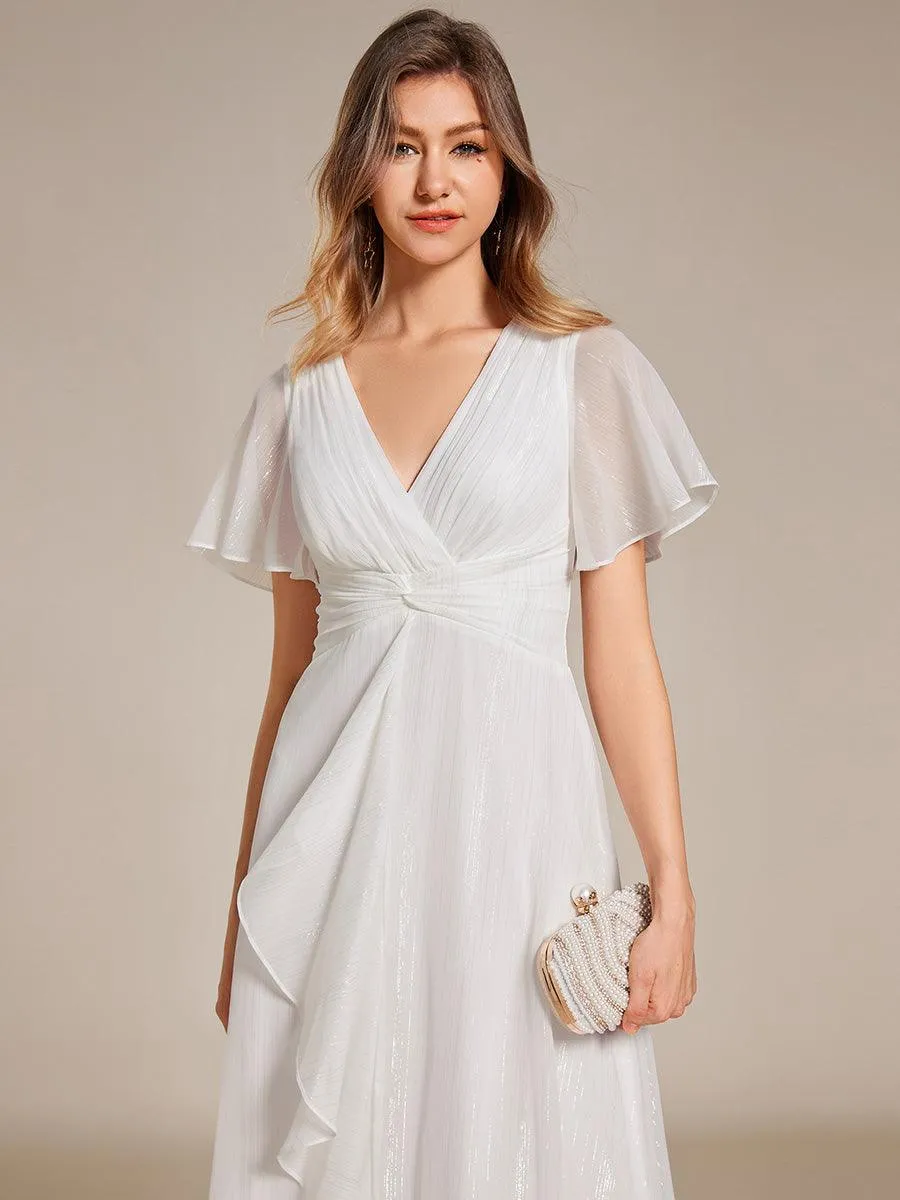 Robe d'invité de mariage mi-longue trapèze à manches courtes et paillettes avec ourlet à volants