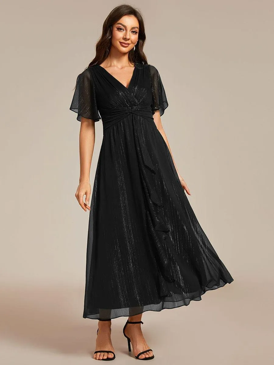 Robe d'invité de mariage mi-longue trapèze à manches courtes et paillettes avec ourlet à volants