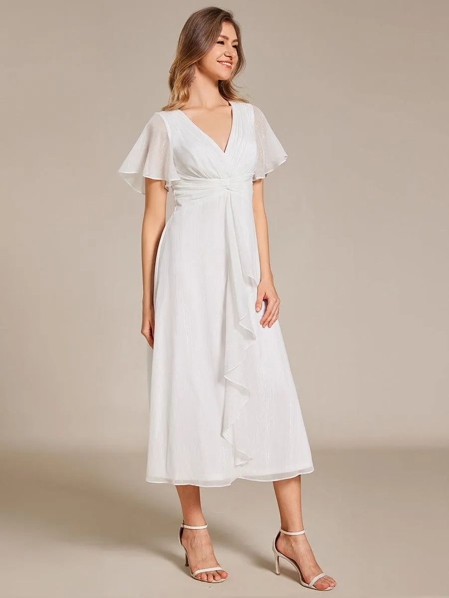 Robe d'invité de mariage mi-longue trapèze à manches courtes et paillettes avec ourlet à volants