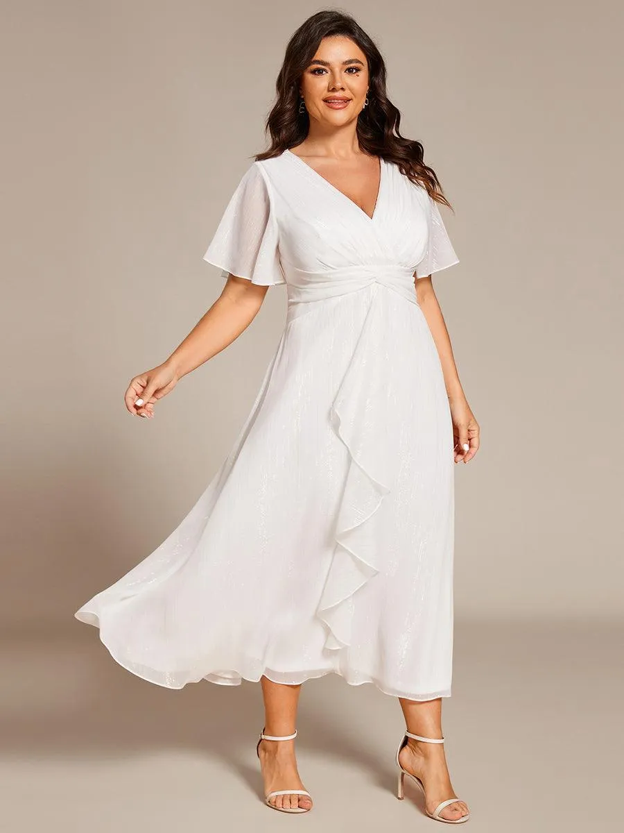 Robe d'invité de mariage mi-longue trapèze à manches courtes et paillettes avec ourlet à volants