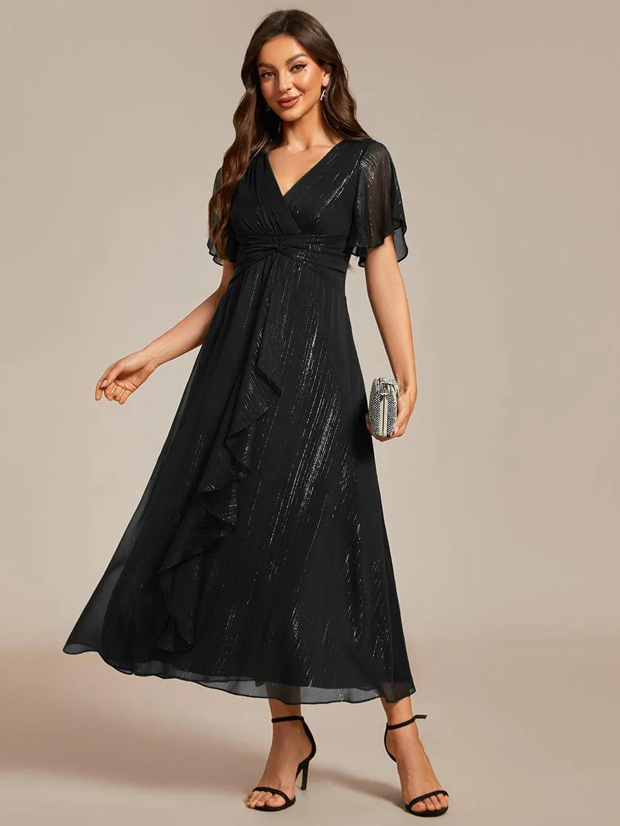 Robe d'invité de mariage mi-longue trapèze à manches courtes et paillettes avec ourlet à volants