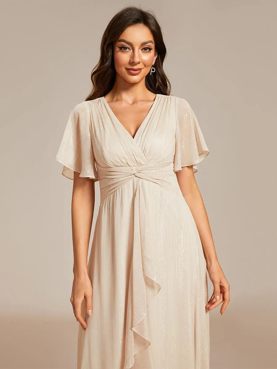 Robe d'invité de mariage mi-longue trapèze à manches courtes et paillettes avec ourlet à volants