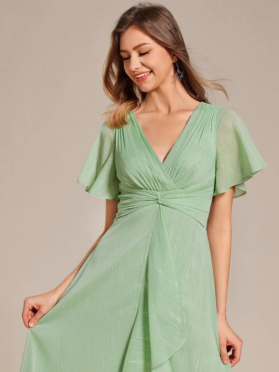 Robe d'invité de mariage mi-longue trapèze à manches courtes et paillettes avec ourlet à volants