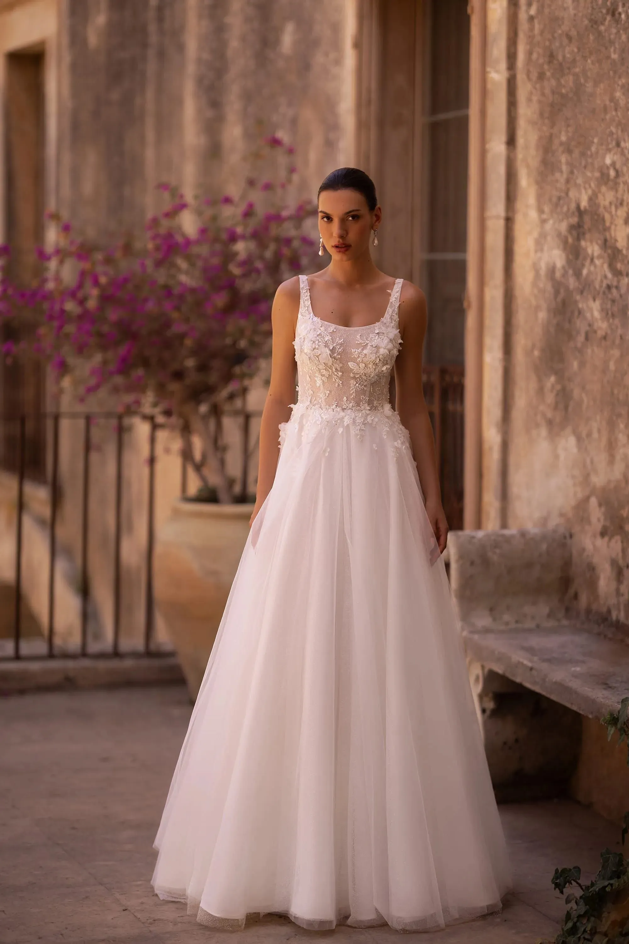 Romantic Square Neck Wedding Dress Sequins A-line Bride Robe Elegant Zipper Back Bridal Dresses Vestidos De Novia