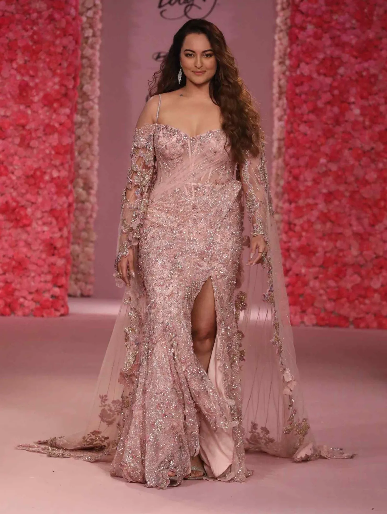 Rose blush pink draped gown sari