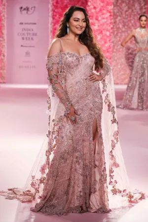 Rose blush pink draped gown sari