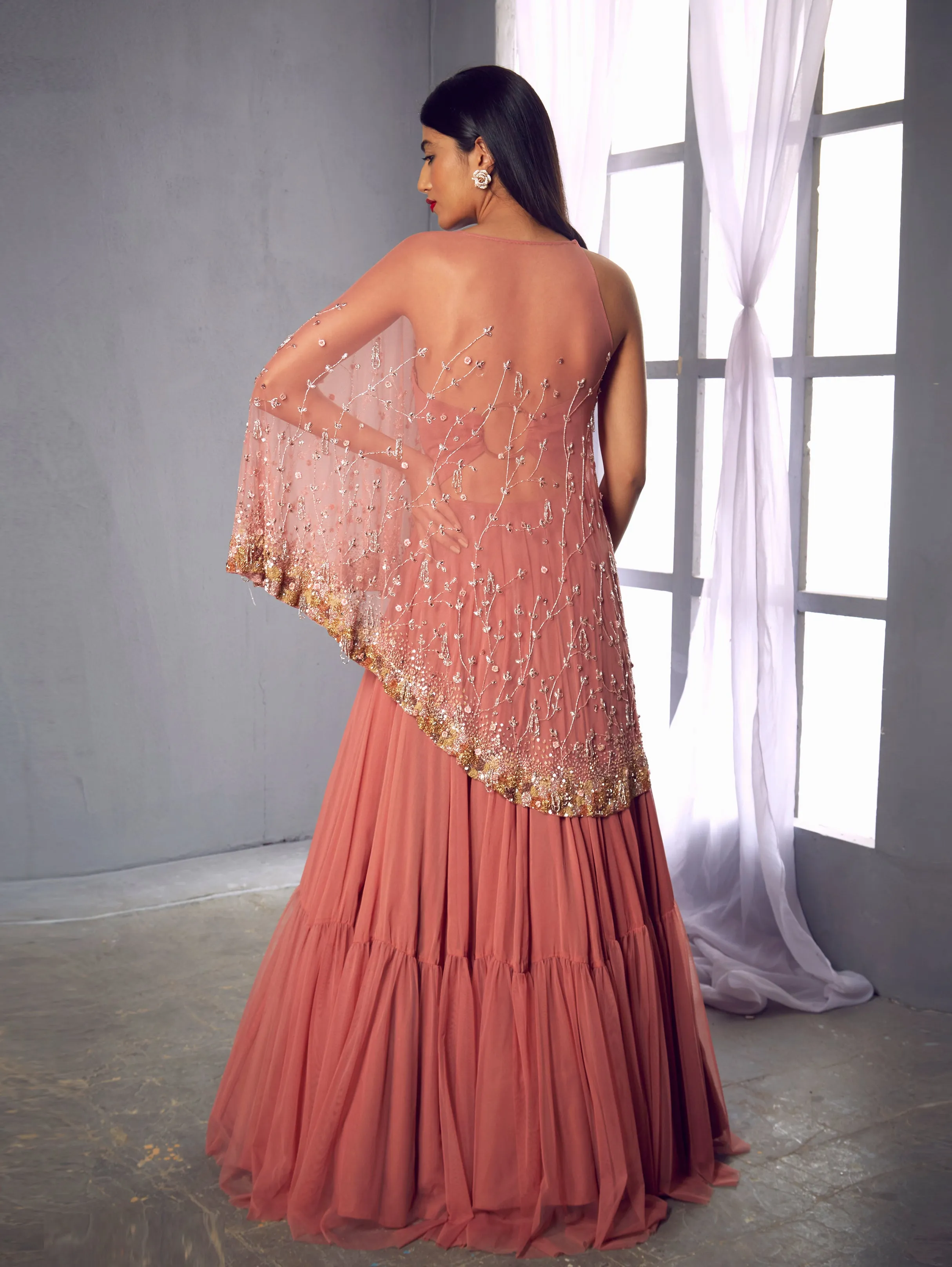 Rose Pink Anarkali Gown With Cape