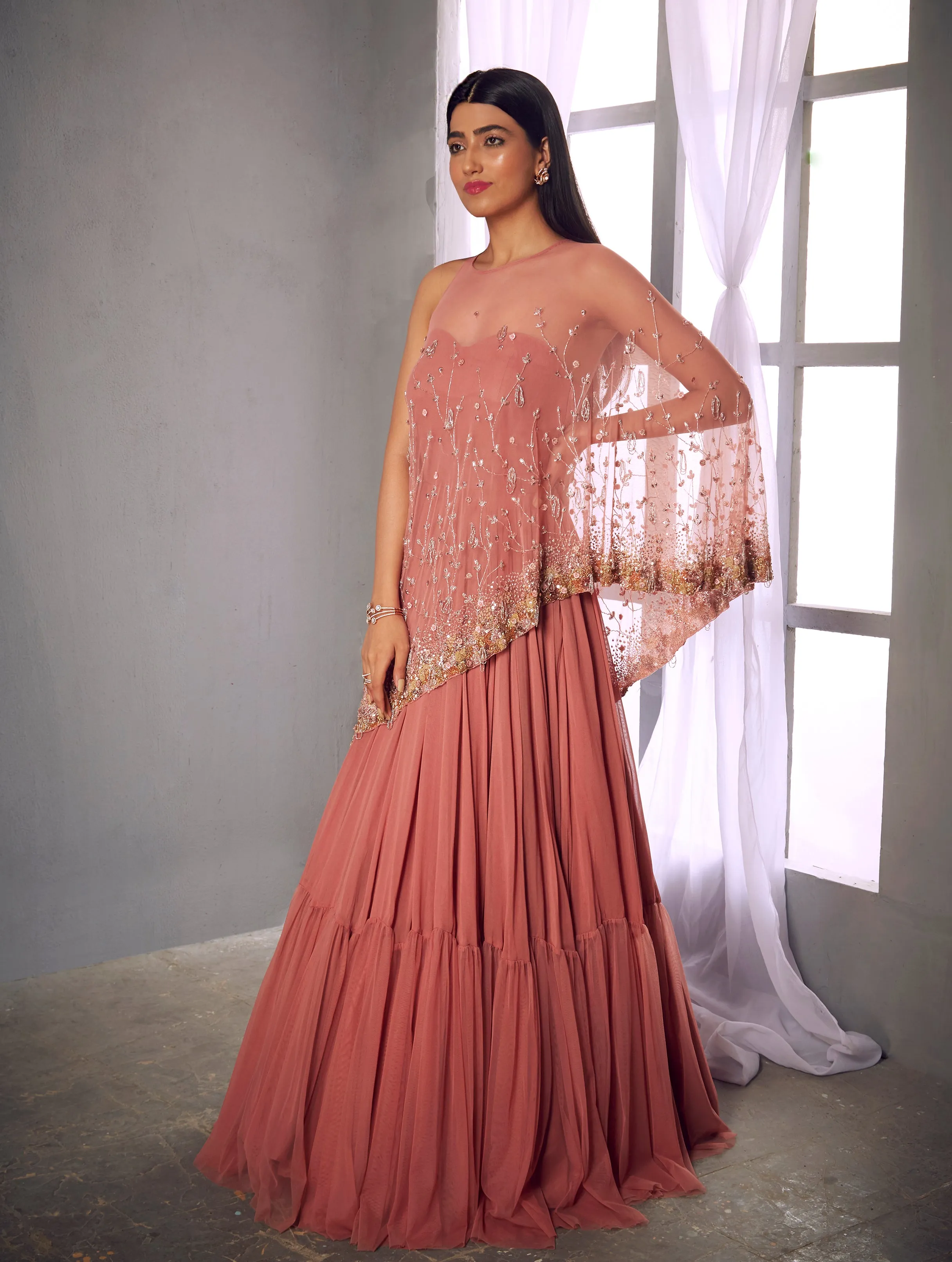 Rose Pink Anarkali Gown With Cape
