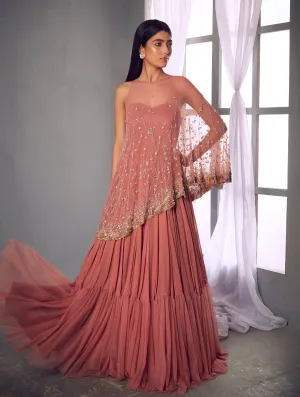 Rose Pink Anarkali Gown With Cape