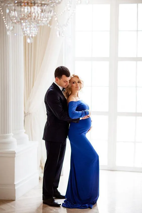Royal Blue Maternity Photoshoot Dress Long Pregnancy Dresses with Sleeves
