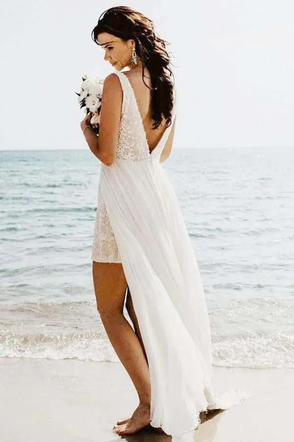 Roycebridal A-line V-neck Detachable Train Summer Bridal Gown, Beach Wedding Dress, MW740