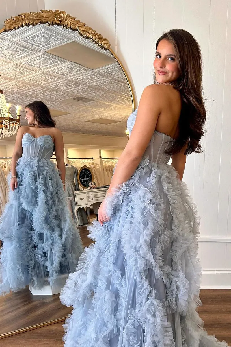 Roycebridal Blue Strapless Ruffle Tulle A-Line Long Prom Dresses with Slit