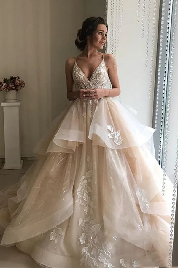 Roycebridal Elegant V-neck Spaghetti Straps Ruffled Tulle Lace Long Wedding Dresses,MW413