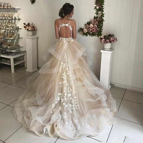 Roycebridal Elegant V-neck Spaghetti Straps Ruffled Tulle Lace Long Wedding Dresses,MW413