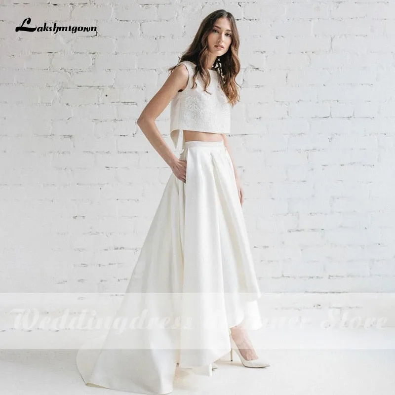 Roycebridal Lakshmigown High Low Wedding Dresses with Train Pleated Bridal Skirt With Pockets Two Pieces Modern Bride robe de mariee