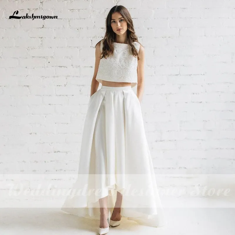 Roycebridal Lakshmigown High Low Wedding Dresses with Train Pleated Bridal Skirt With Pockets Two Pieces Modern Bride robe de mariee