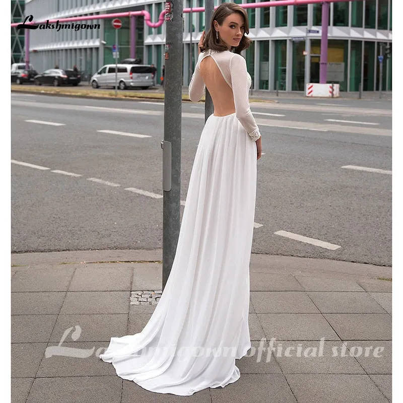Roycebridal Lakshmigown Sexy Long Sleeves Plus Size Bridal Gown Appliqued Chiffon Beach Wedding Dress with Slit Abiti Da Sposa