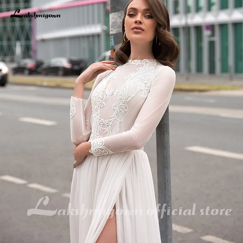 Roycebridal Lakshmigown Sexy Long Sleeves Plus Size Bridal Gown Appliqued Chiffon Beach Wedding Dress with Slit Abiti Da Sposa