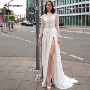 Roycebridal Lakshmigown Sexy Long Sleeves Plus Size Bridal Gown Appliqued Chiffon Beach Wedding Dress with Slit Abiti Da Sposa