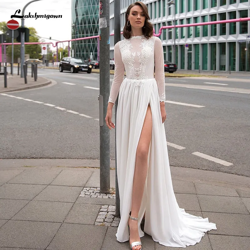 Roycebridal Lakshmigown Sexy Long Sleeves Plus Size Bridal Gown Appliqued Chiffon Beach Wedding Dress with Slit Abiti Da Sposa