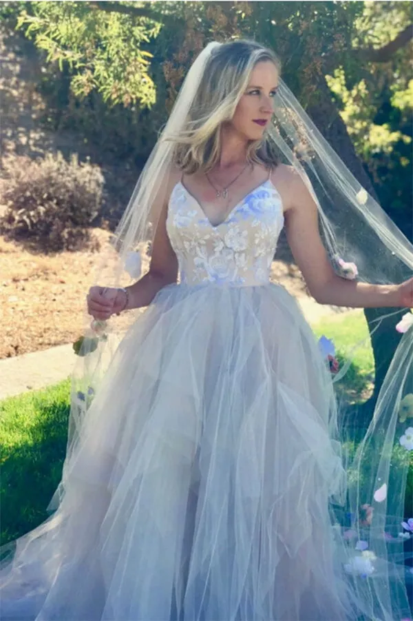 Roycebridal Princess Pink Tulle Spaghetti Straps V-neck Wedding Dresses, Bridal Gown, MW639