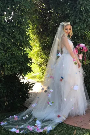 Roycebridal Princess Pink Tulle Spaghetti Straps V-neck Wedding Dresses, Bridal Gown, MW639