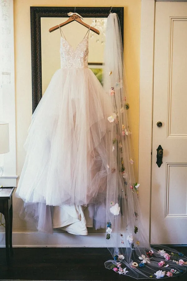 Roycebridal Princess Pink Tulle Spaghetti Straps V-neck Wedding Dresses, Bridal Gown, MW639