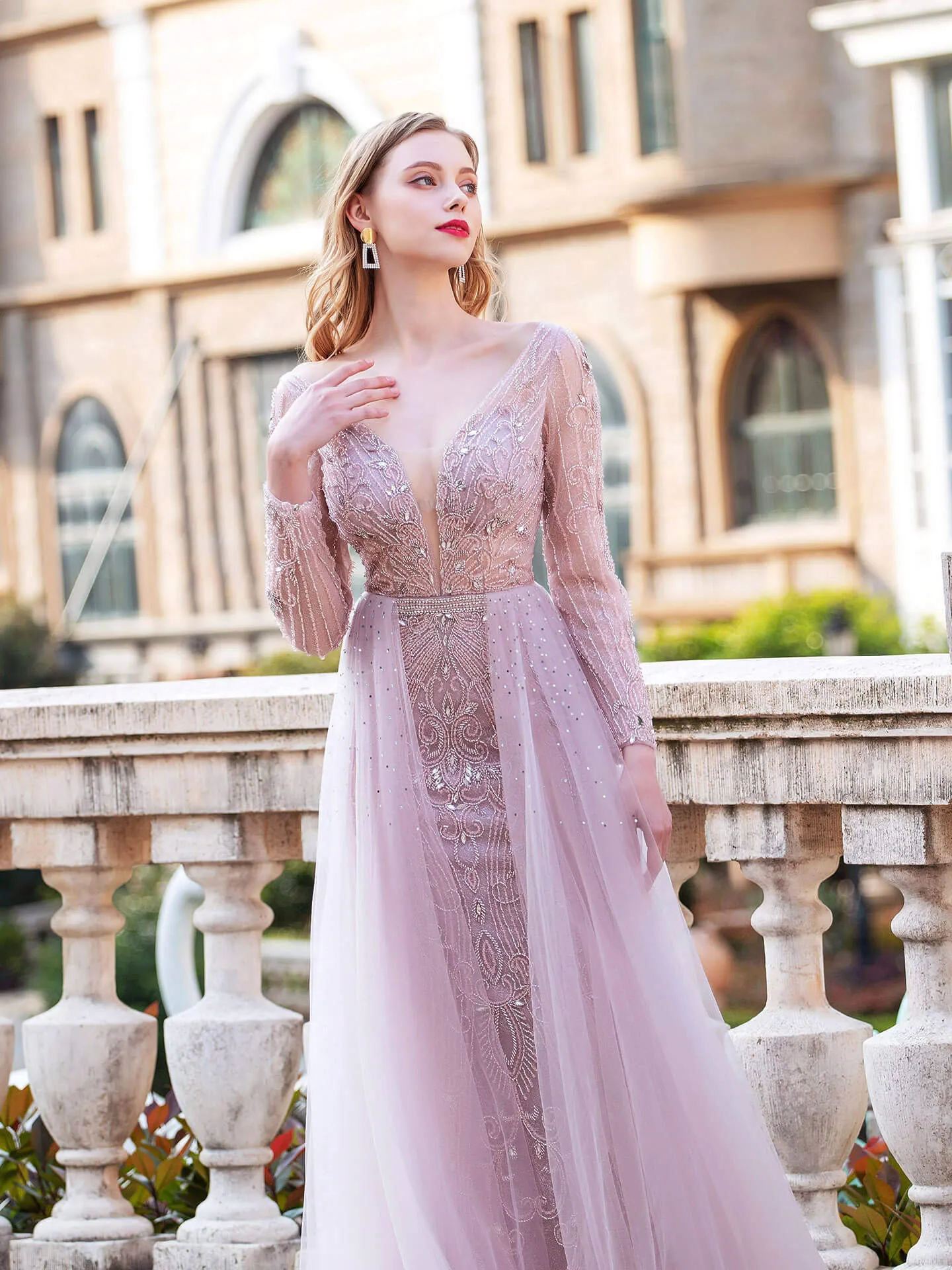 Roycebridal Roycebridal Mermaid V-neck Beaded Luxurious Fashion Formal Evening Dresses Long Sleeve Floor Length Prom Dresses
