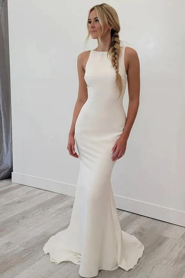 Roycebridal Satin Mermaid Scoop Neck Open Back Wedding Dresses, Bridal Gowns, MW897