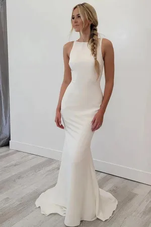 Roycebridal Satin Mermaid Scoop Neck Open Back Wedding Dresses, Bridal Gowns, MW897