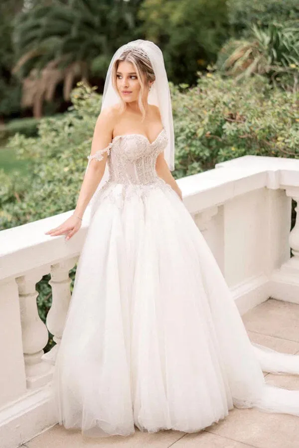 Roycebridal Tulle A-line Beaded Sweetheart Neck Wedding Dresses, Bridal Gowns, MW911