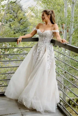 Roycebridal Tulle A-line Off-the-Shoulder Wedding Dresses With Lace Appliques, MW915