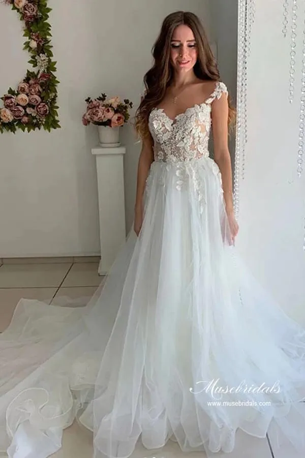 Roycebridal Tulle A-line V-neck Cap Sleeves Wedding Dresses With Lace Appliques, MW945