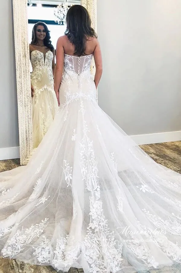 Roycebridal Tulle Mermaid Strapless Sweetheart Lace Appliques Wedding Dresses, MW995