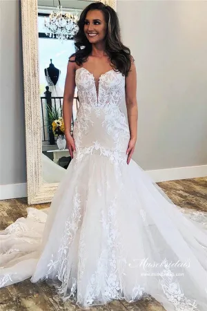 Roycebridal Tulle Mermaid Strapless Sweetheart Lace Appliques Wedding Dresses, MW995