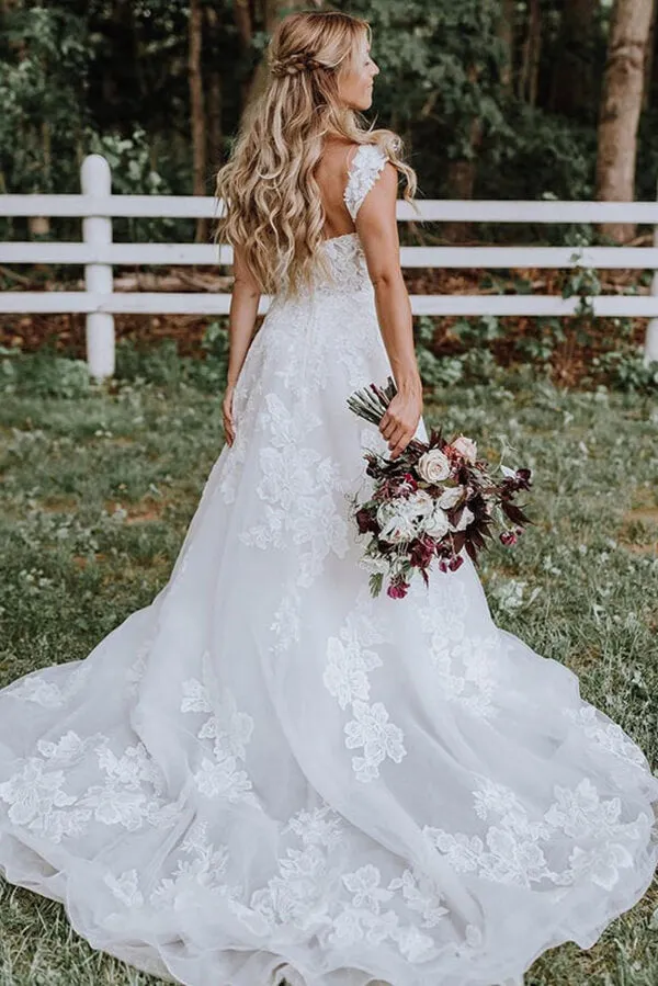Roycebridal White Tulle Lace Appliqued A-line V-neck Wedding Dresses, Bridal Gown, MW675