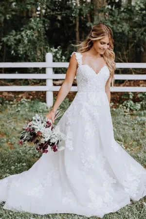 Roycebridal White Tulle Lace Appliqued A-line V-neck Wedding Dresses, Bridal Gown, MW675