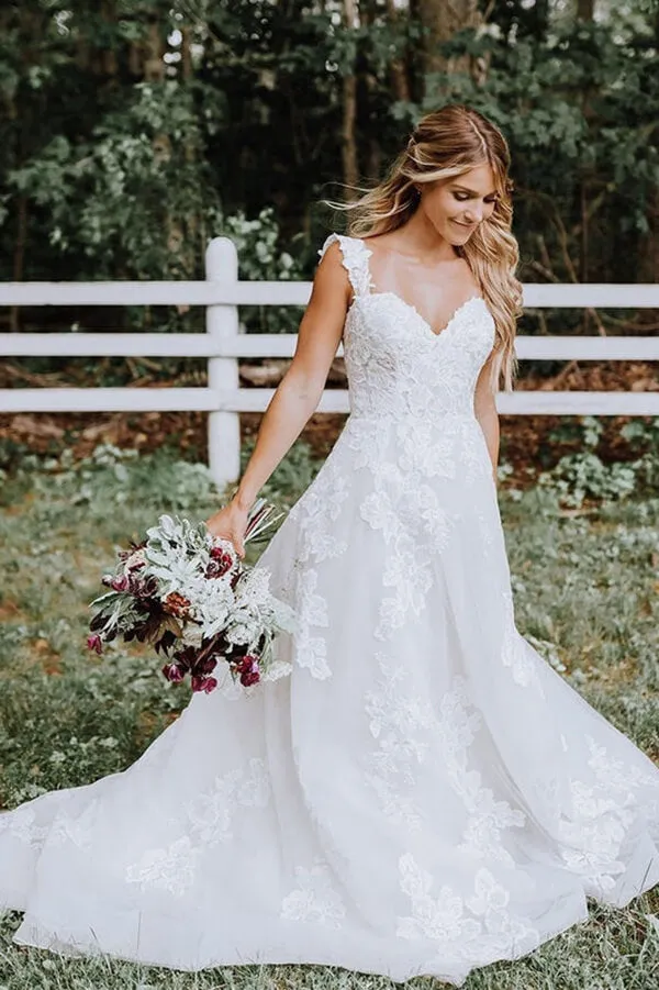 Roycebridal White Tulle Lace Appliqued A-line V-neck Wedding Dresses, Bridal Gown, MW675
