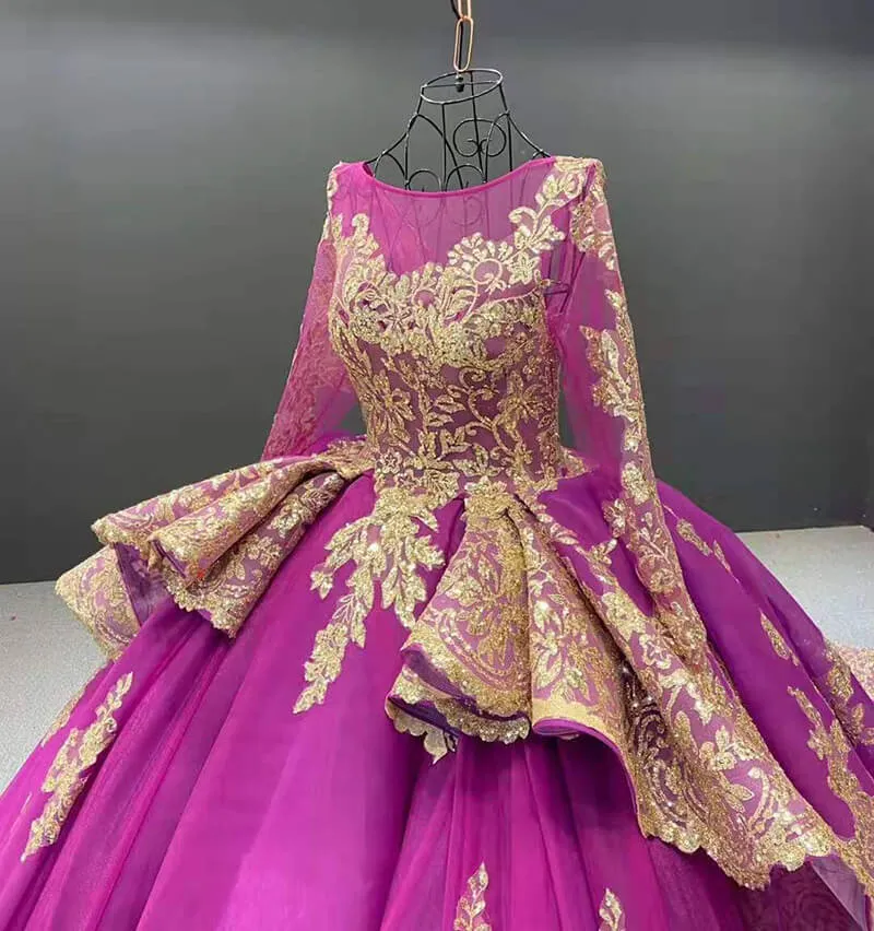 RSM66949 Plus Size Rose Pink Evening  Long Sleeve Sequin Elegant Party Dress