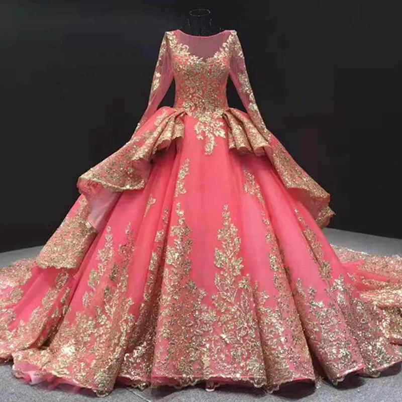 RSM66949 Plus Size Rose Pink Evening  Long Sleeve Sequin Elegant Party Dress