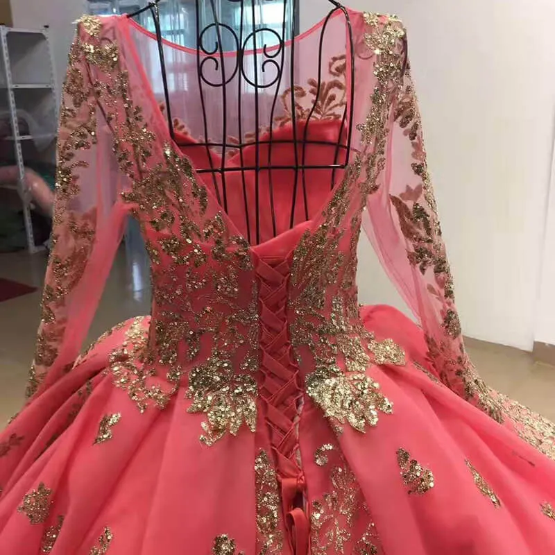 RSM66949 Plus Size Rose Pink Evening  Long Sleeve Sequin Elegant Party Dress