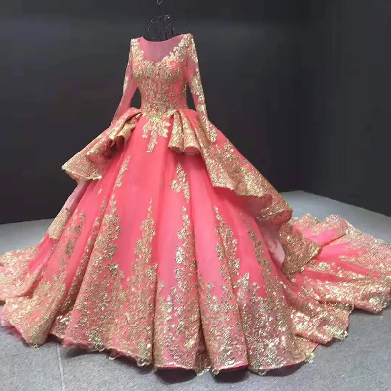 RSM66949 Plus Size Rose Pink Evening  Long Sleeve Sequin Elegant Party Dress