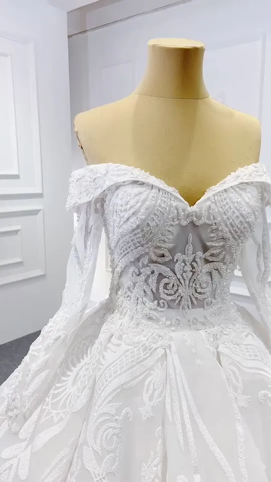 RSM67206 Luxury Off Shoulder Long Sleeve Wedding Dress Bridal Gown