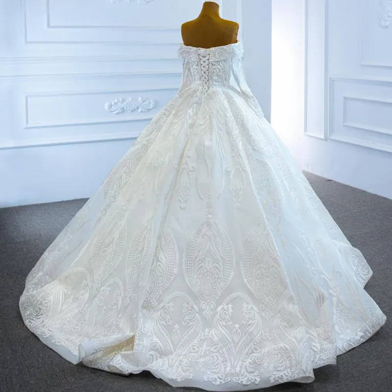 RSM67206 Luxury Off Shoulder Long Sleeve Wedding Dress Bridal Gown