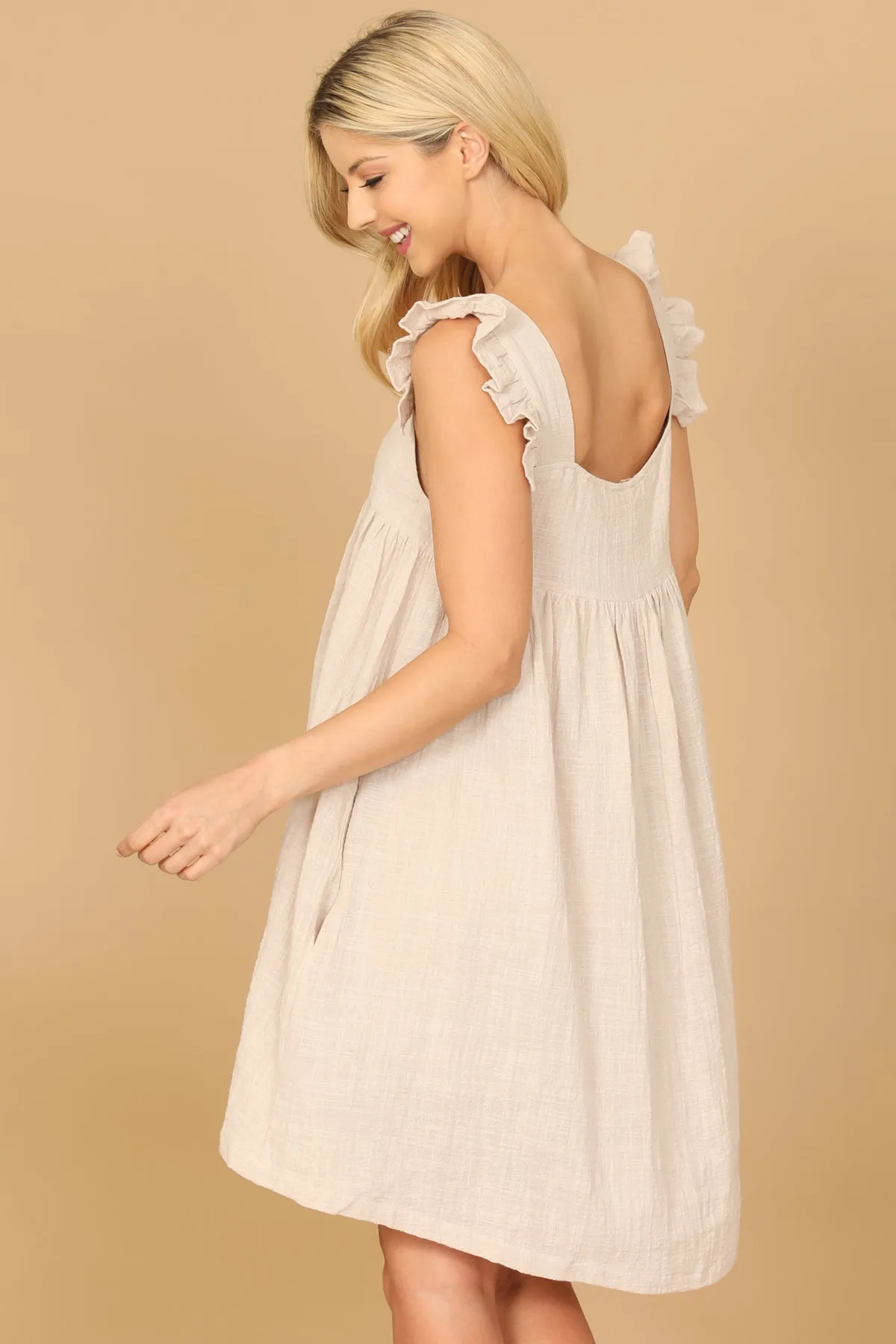 RUFFLE SLEEVE SIDE POCKET HIGH-LOW HEM BABYDOLL DRESS