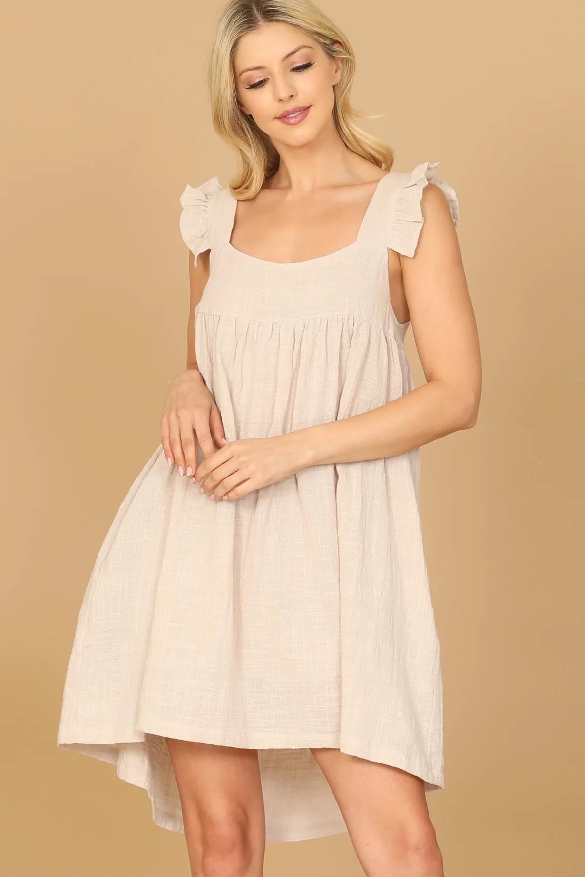 RUFFLE SLEEVE SIDE POCKET HIGH-LOW HEM BABYDOLL DRESS