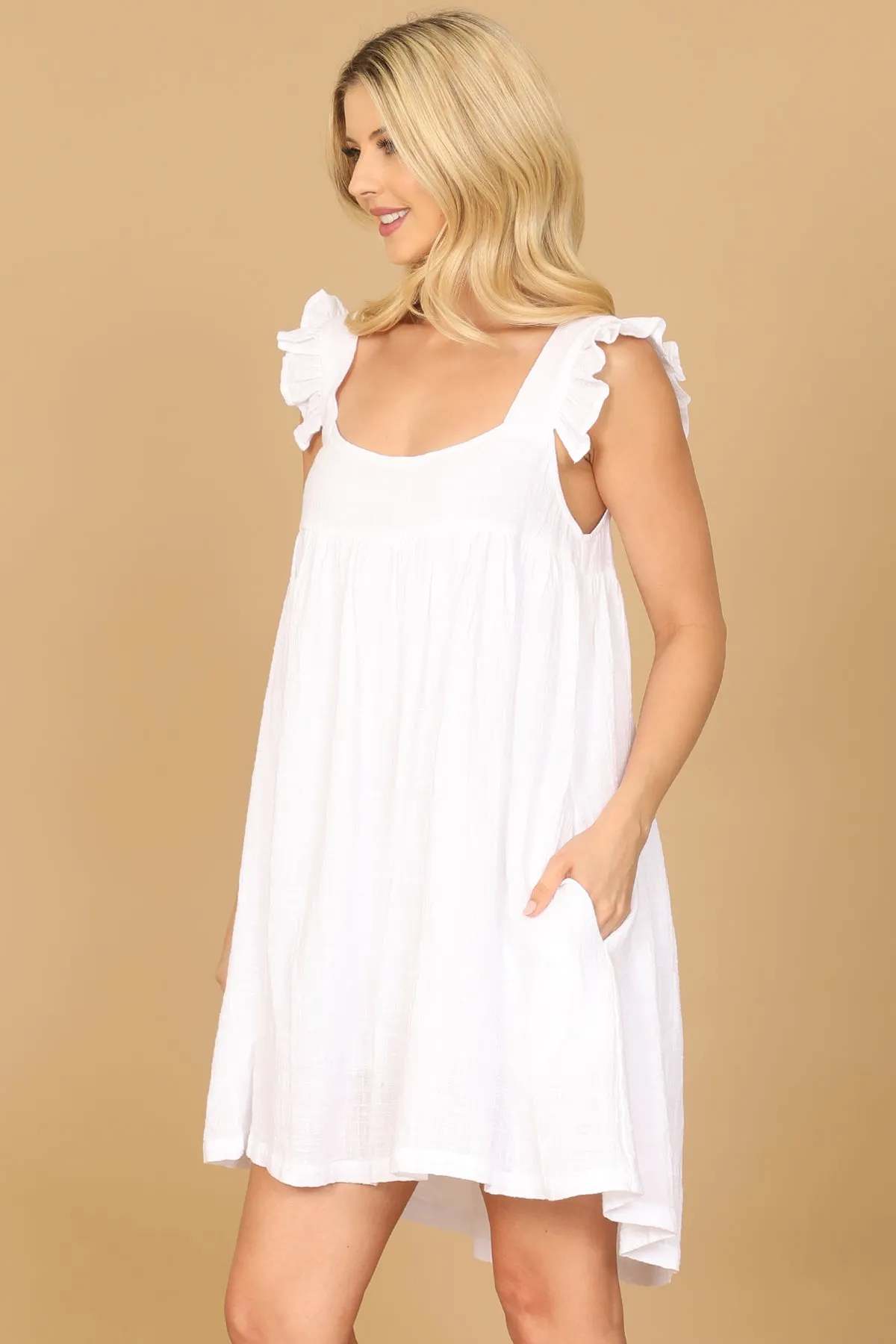 RUFFLE SLEEVE SIDE POCKET HIGH-LOW HEM BABYDOLL DRESS