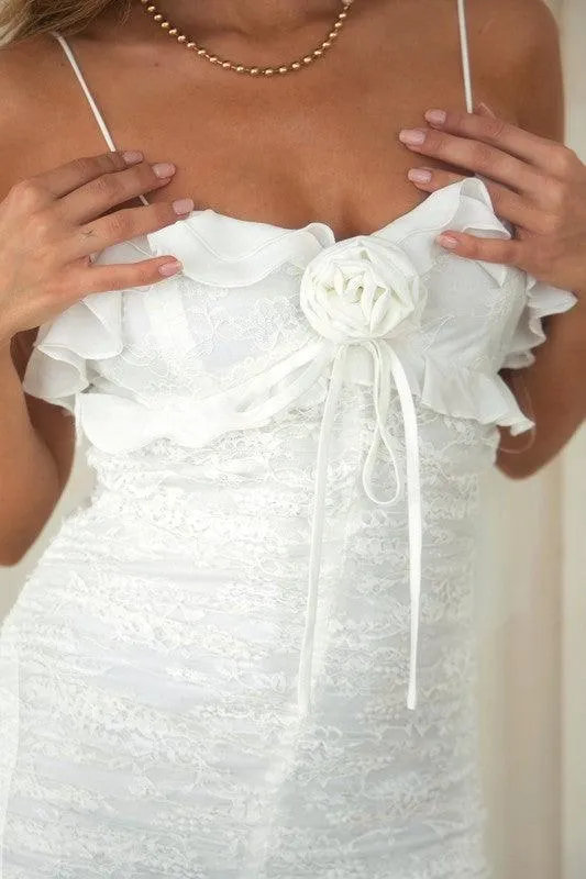 Ruffled And Ruched Lace Maxi Dress Rosette AccenT