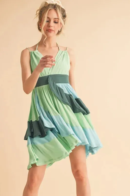 Ruffled Color Block Sleeveless Green Mini Dress